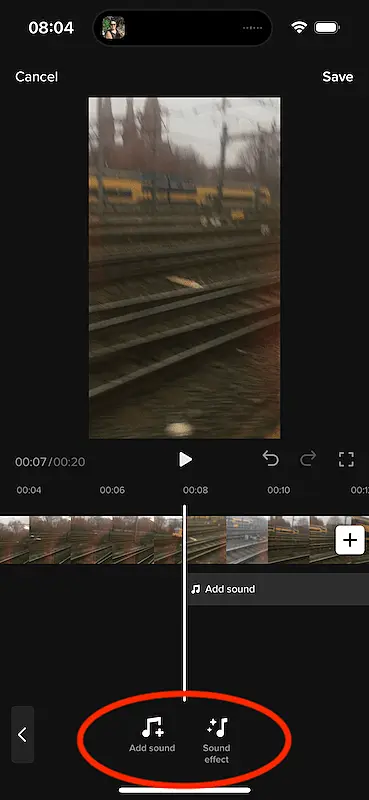 TikTok video edition page, the icons add sound and sound effect are highlighted.