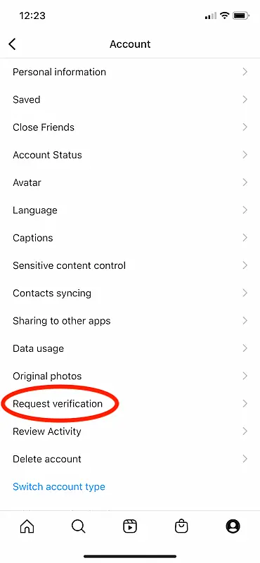 Instagram account settings page