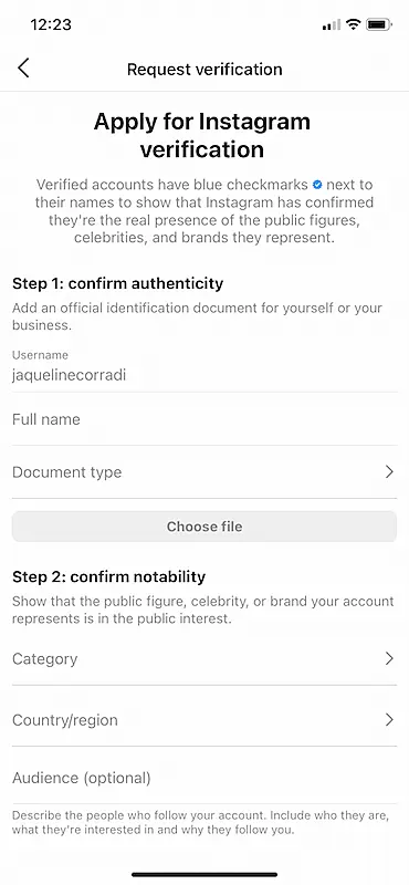 Instagram request verification page