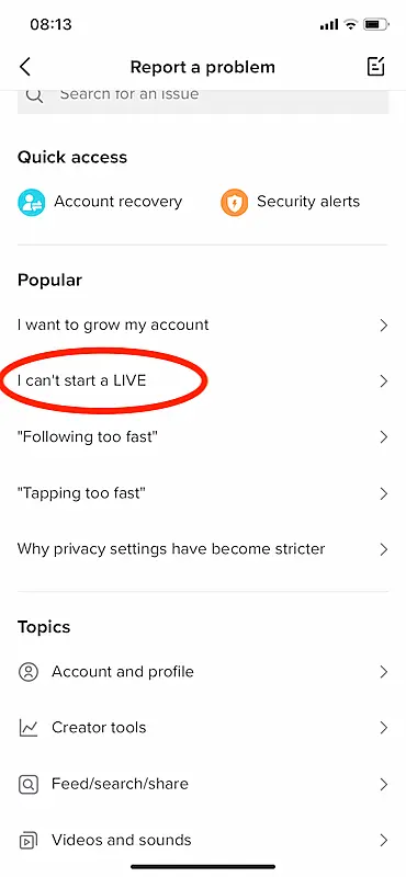TikTok report a problem menu