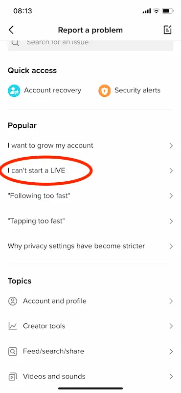 TikTok report a problem menu