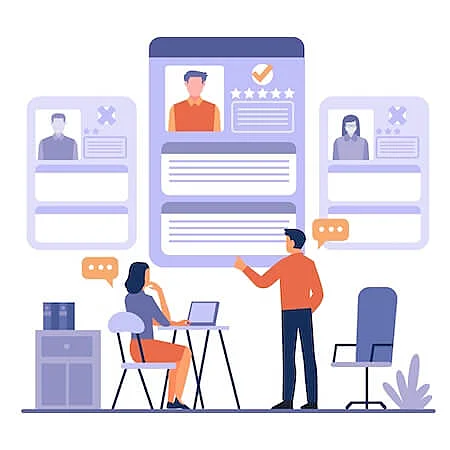 Illustration of a recruitment process showing a woman sitting at a desk with a laptop, evaluating candidates. A man stands next to her pointing at a large digital profile of a selected candidate, with two rejected profiles on either side.