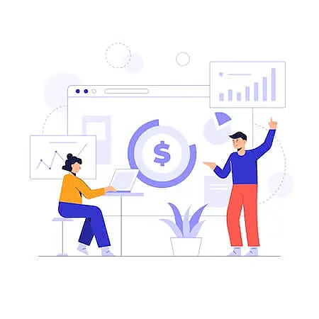 Illustration of a financial analysis scene with a woman working on a laptop and a man presenting financial charts. A large dollar symbol is displayed in the background, with graphs and data visualizations around them.