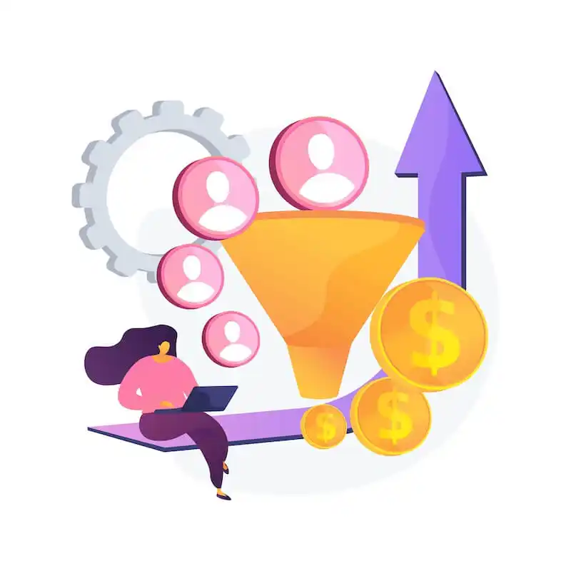 The image shows a woman using a laptop and on her side there is a huge funnel representing the sales funnel