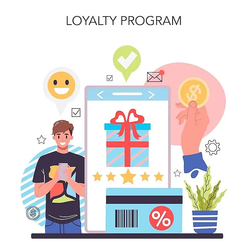 The image shows a man using a smartphone, a big screen displaying a gift box, a credit car, a person holding a coin.