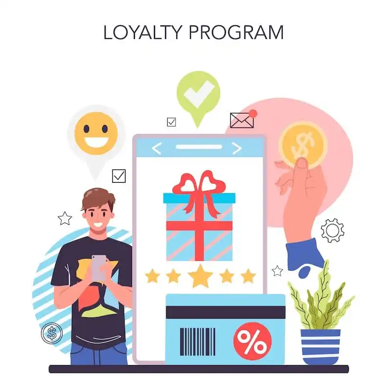 The image shows a man using a smartphone, a big screen displaying a gift box, a credit car, a person holding a coin.