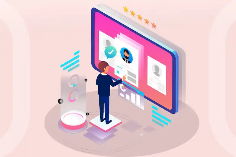 How to increase engagement rate - optimize your bio The image shows an illustration of a man in front of a touch screen.