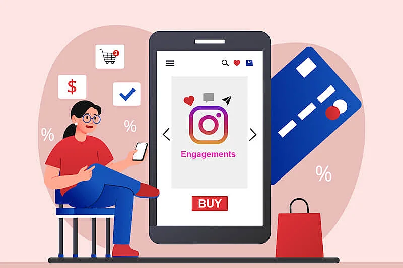 The image shows the illustration of a woman sitting on a chair holding a smartphone, and on the right side there is  abig smartphone screen. 
