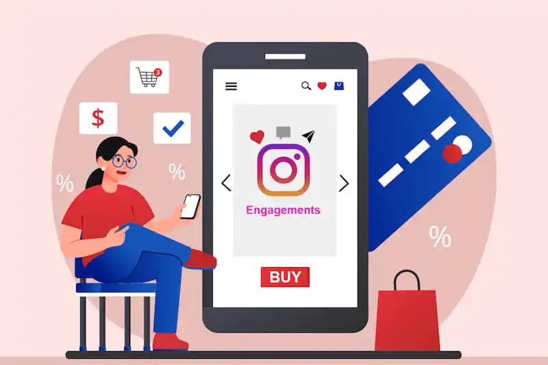 How to increase engament rates - Buy Instagram engagements The image shows the illustration of a woman sitting on a chair holding a smartphone, and on the right side there is  abig smartphone screen.