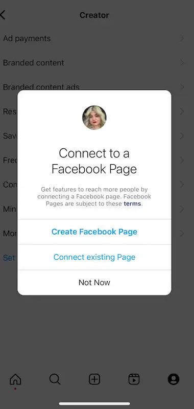 Instagram page asking if you want to create a Facebook page or connect existing page.