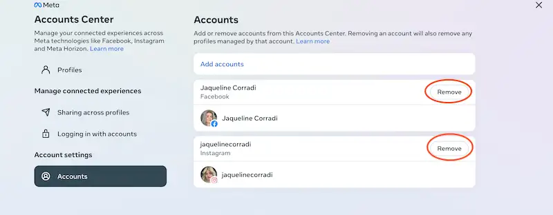 Account center page showing the accounts connected to it.