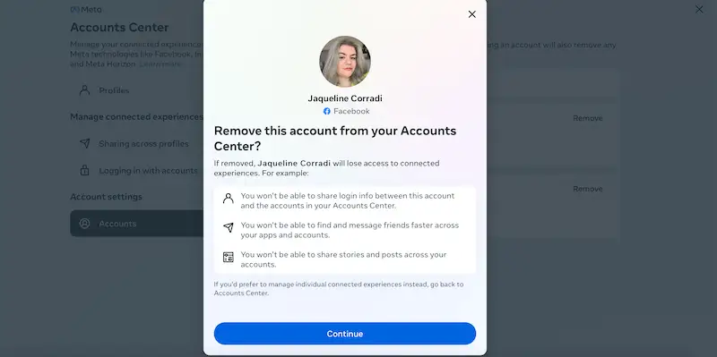 Pop up page asking if you want to remove account from the Accounts Center