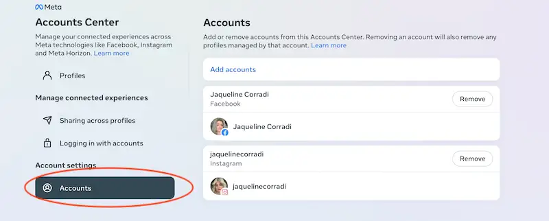 Account Center page showing the account connected to the platform.