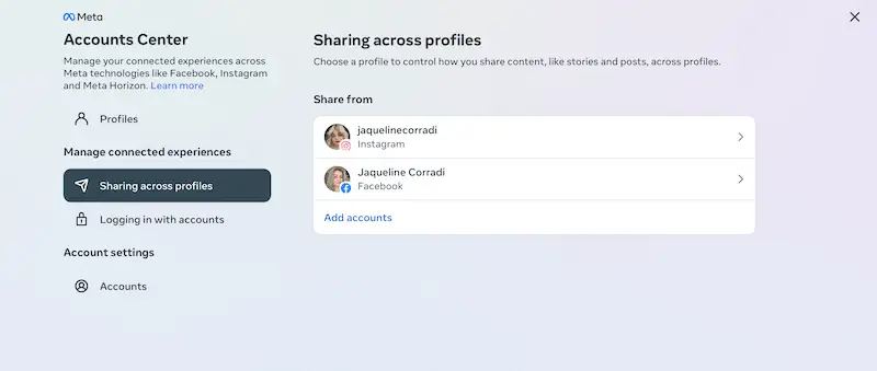 Accounts Center sharing across profiles page