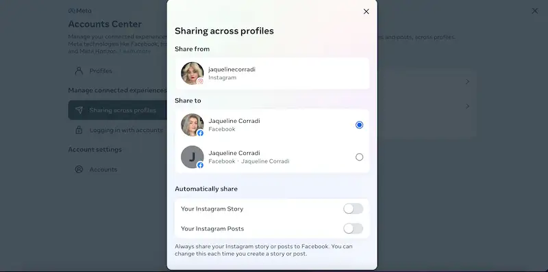 Sharing across profiles page