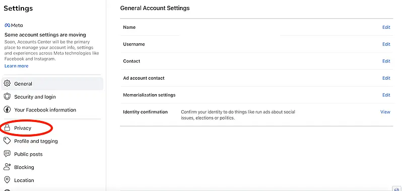 Facebook general account settings