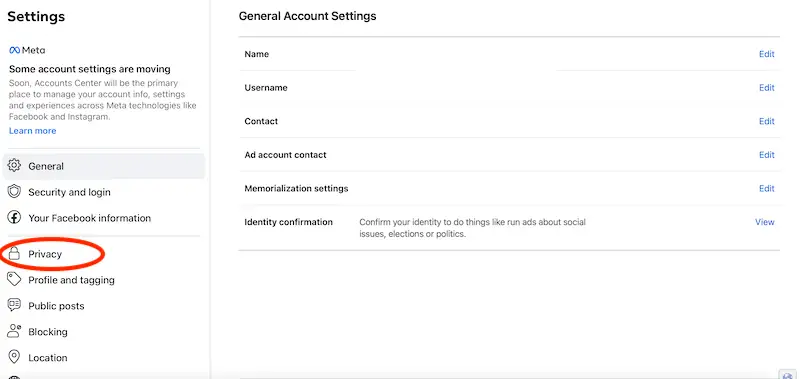Facebook general account settings