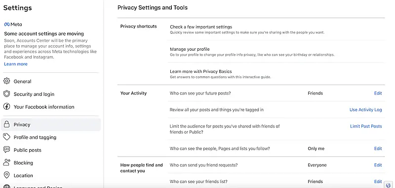 Facebook privacy settings and tools page
