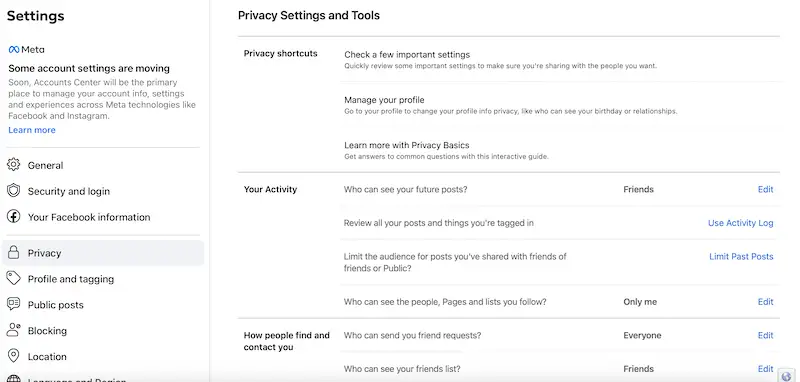 Facebook privacy settings and tools page
