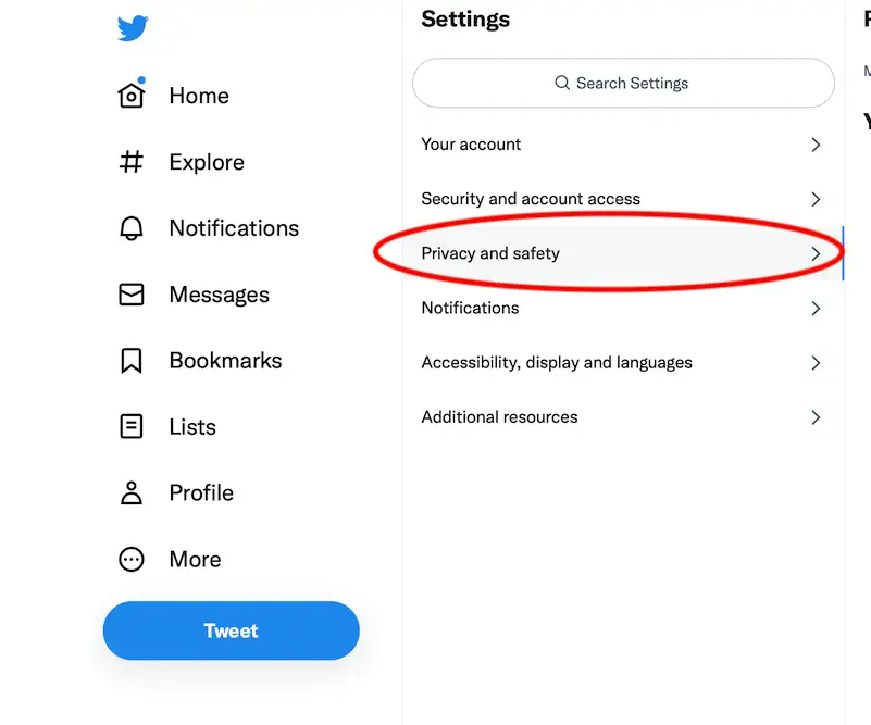 Twitter settings menu, the "Privacy and safety" option is highlighted.