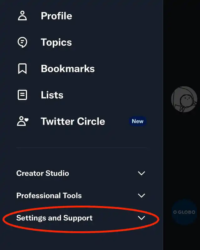 Twitter menu, the setting and support option is highlighted