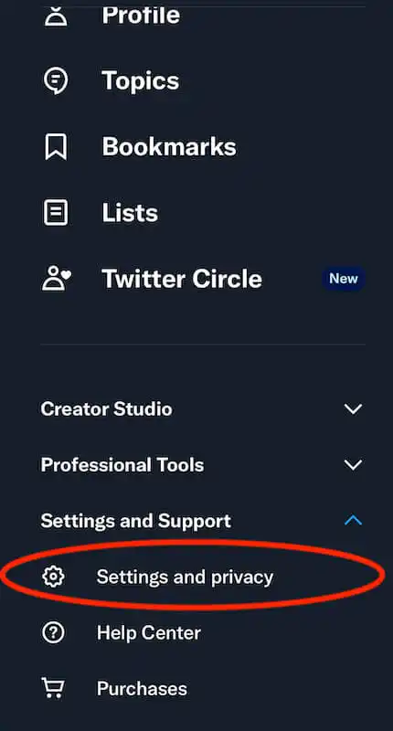 Twitter menu, the settings and privacy option is highlighted.