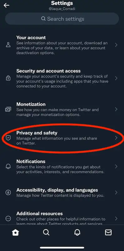 Twitter settings menu where the Privacy and safety option is highlighted.