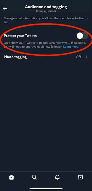 Twitter audience and tagging menu, the protect your tweets button is highlighted.