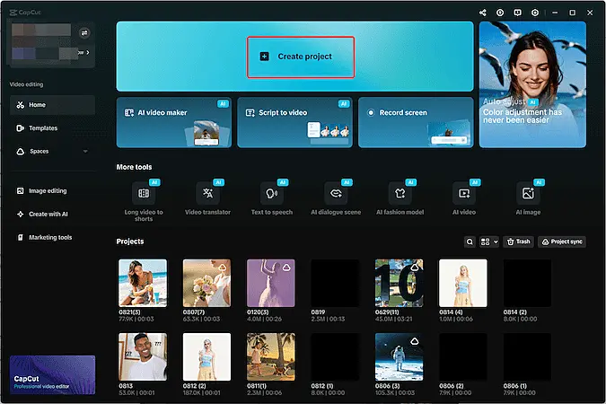 CapCut PC home interface showing the dashboard with AI tools and the "Create project" button highlighted for starting a new editing project.