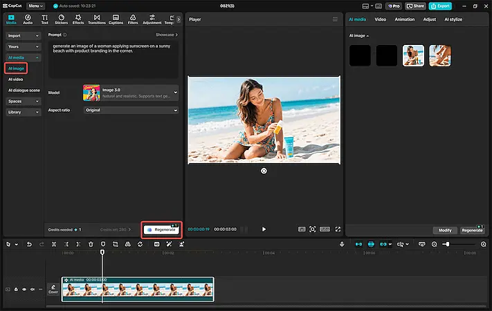 CapCut PC AI image generation screen displaying a generated beach scene preview, prompt input panel, model selection, and the Regenerate button in the editor.