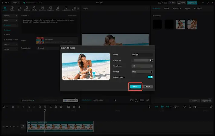 CapCut PC export still frame window showing image preview, resolution and format settings, and the Export button for saving high-quality visuals.