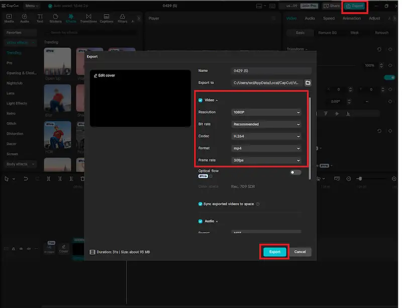 CapCut interface - export video example