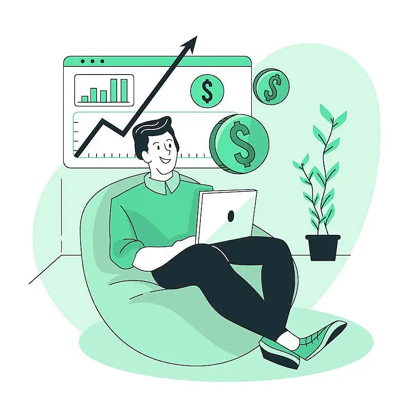 The image shows a man using a laptop and sitting on a couch. Besides him there is a screen with graphics.