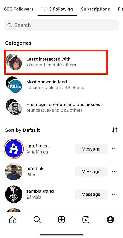 Instagram following menu