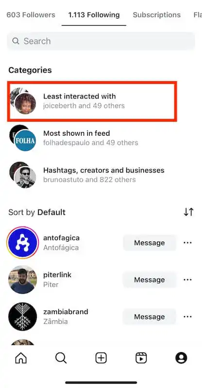 Instagram following menu