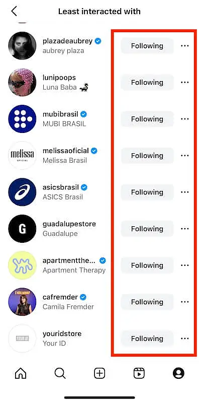 Instagram least interacted with list