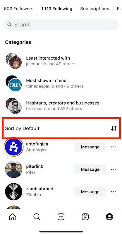 Instagram following menu sort by default