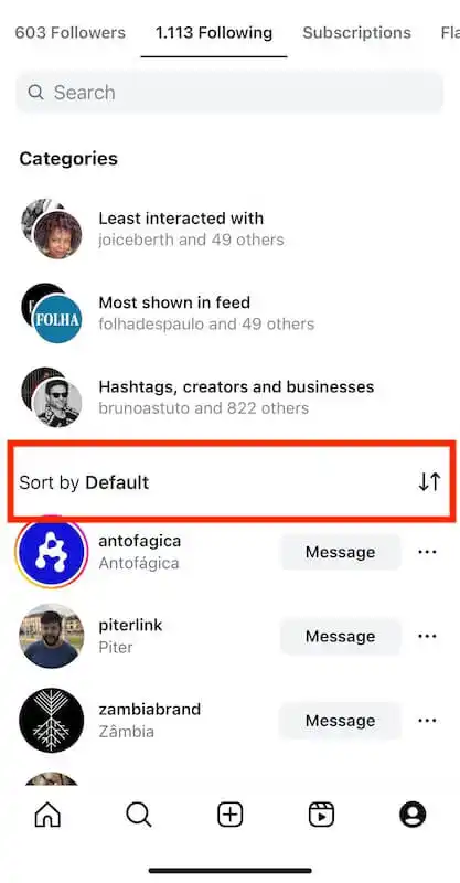 Instagram following menu sort by default