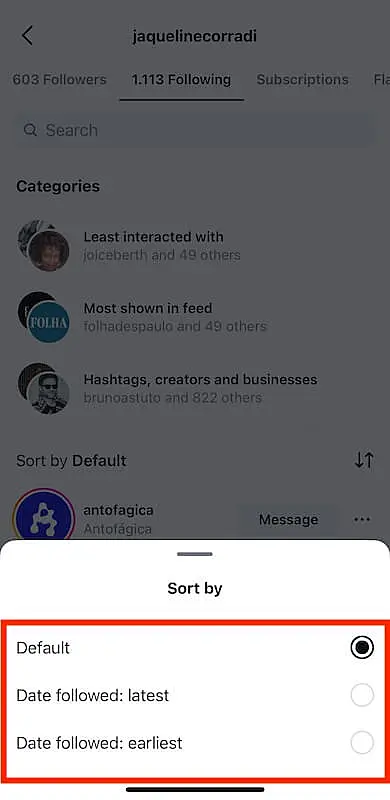Instagram sort by menu
