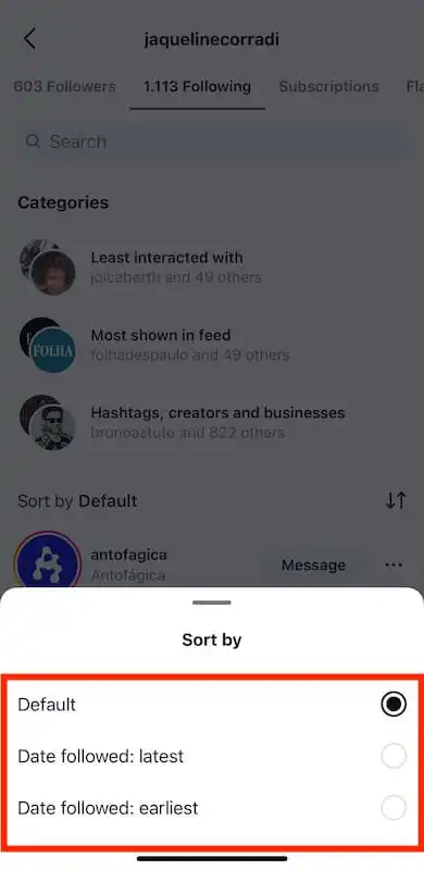 Instagram sort by menu