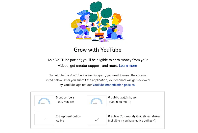 YouTube monetization page