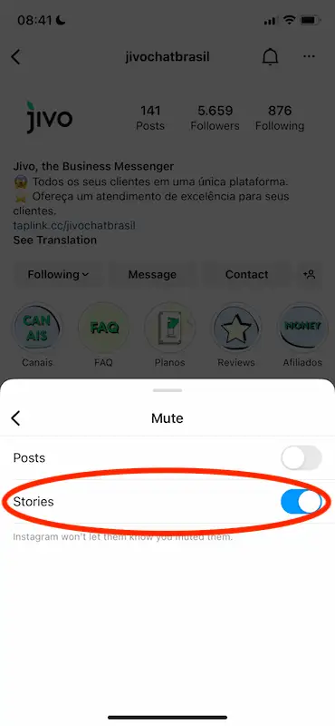 The image is showing an Instagram profile and the Mute menu where it's written Posts and Stories