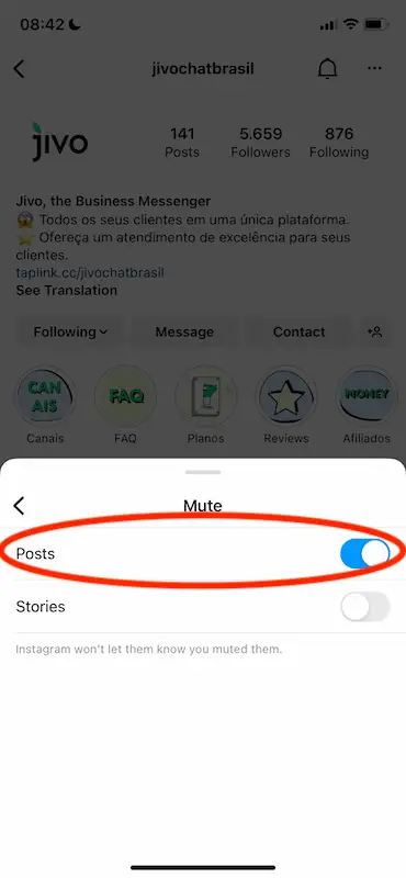 Instagram profile showing the mute menu