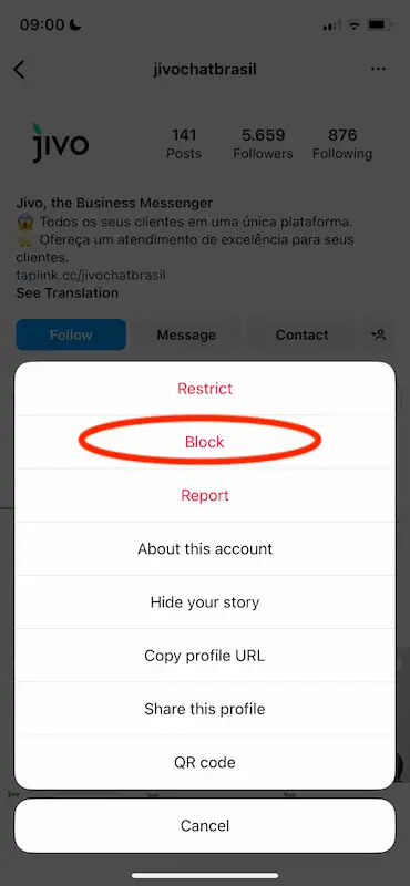 The image shows the Instagram block button
