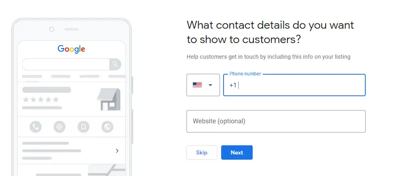 Google My Business Page where you enter your contact details to show to customers