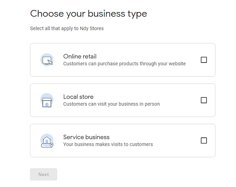 Google My Business page showing the business types