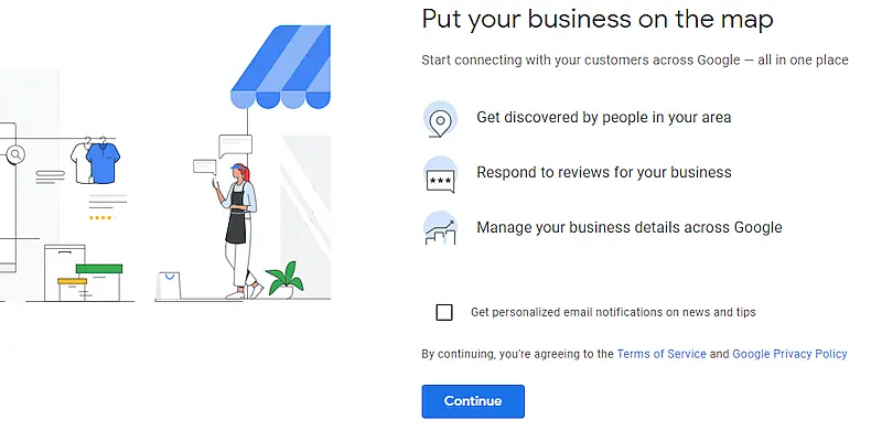 Google My Business page where it's written "put your business on the map".