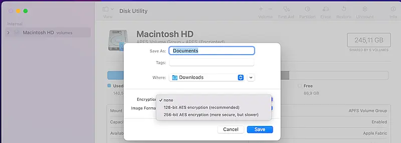 Encryption settings page on Disk Utility