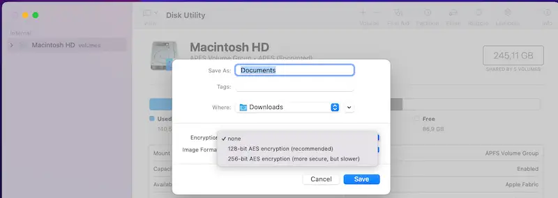 Encryption settings page on Disk Utility