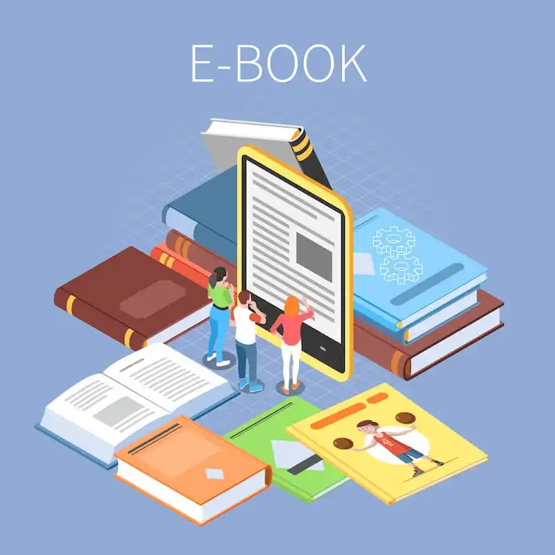 How to publish an ebook The image shows 3 people in front of a big tables, and arounf them there are several huge books.